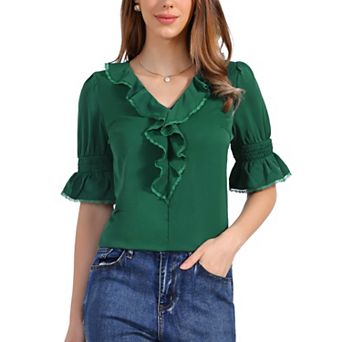 Women's Ruffled V Neck Blouse Half Bell Sleeve Casual Chiffon Top