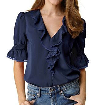 Women's Ruffled V Neck Blouse Half Bell Sleeve Casual Chiffon Top