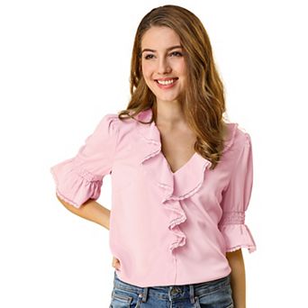 Women's Ruffled V Neck Blouse Half Bell Sleeve Casual Chiffon Top