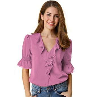 Women's Ruffled V Neck Blouse Half Bell Sleeve Casual Chiffon Top