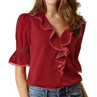 Women's Ruffled V Neck Blouse Half Bell Sleeve Casual Chiffon Top