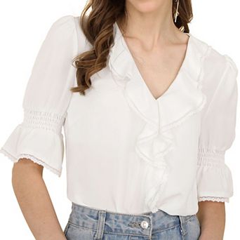 Women's Ruffled V Neck Blouse Half Bell Sleeve Casual Chiffon Top