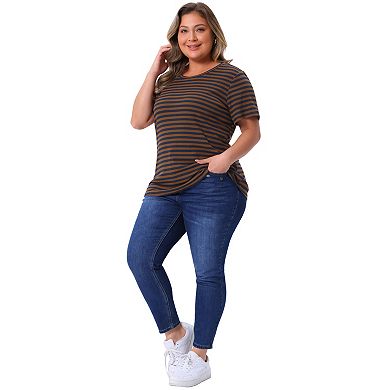 Women's Plus Size Ribbed Stripe T-Shirt Short Sleeve Crew Neck Summer Top