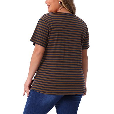 Women's Plus Size Ribbed Stripe T-Shirt Short Sleeve Crew Neck Summer Top