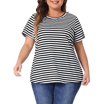 Women's Plus Size Ribbed Stripe T-Shirt Short Sleeve Crew Neck Summer Top