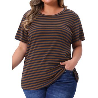 Women's Plus Size Ribbed Stripe T-Shirt Short Sleeve Crew Neck Summer Top