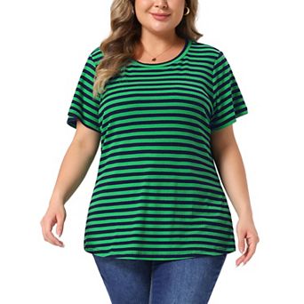 Women's Plus Size Ribbed Stripe T-Shirt Short Sleeve Crew Neck Summer Top