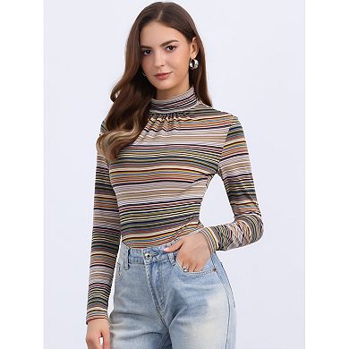 Women's Long Sleeve Turtleneck Tops Stretch Slim Party Plaid Shirt