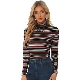 Women's Long Sleeve Turtleneck Tops Stretch Slim Party Plaid Shirt
