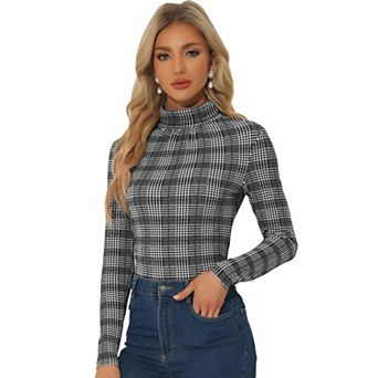 Women's Long Sleeve Turtleneck Tops Stretch Slim Party Plaid Shirt