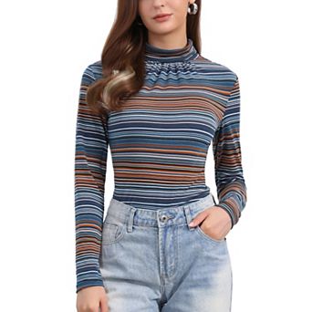 Women's Long Sleeve Turtleneck Tops Stretch Slim Party Plaid Shirt
