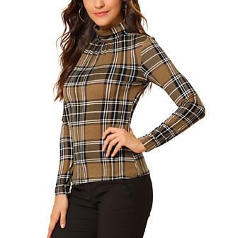 Women's Long Sleeve Turtleneck Tops Stretch Slim Party Plaid Shirt