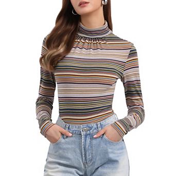 Women's Long Sleeve Turtleneck Tops Stretch Slim Party Plaid Shirt
