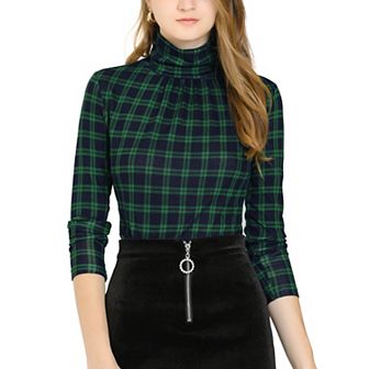 Women's Long Sleeve Turtleneck Tops Stretch Slim Party Plaid Shirt