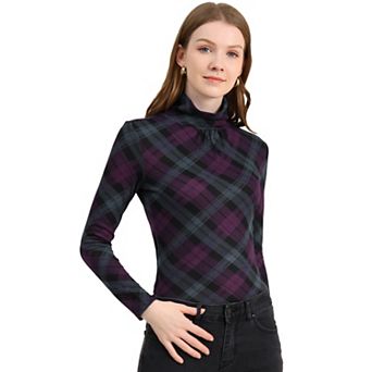 Women's Long Sleeve Turtleneck Tops Stretch Slim Party Plaid Shirt