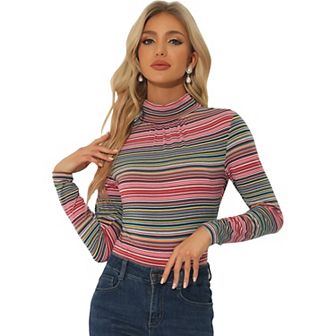 Women's Long Sleeve Turtleneck Tops Stretch Slim Party Plaid Shirt