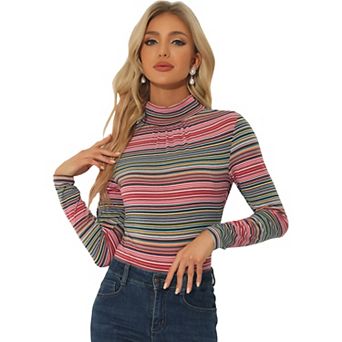 Women's Long Sleeve Turtleneck Tops Stretch Slim Party Plaid Shirt