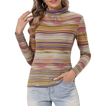 Women's Long Sleeve Turtleneck Tops Stretch Slim Party Plaid Shirt