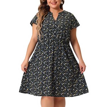 Women's Plus Size Tie Waist Bold Prints Floral Short Sleeve Midi Dress
