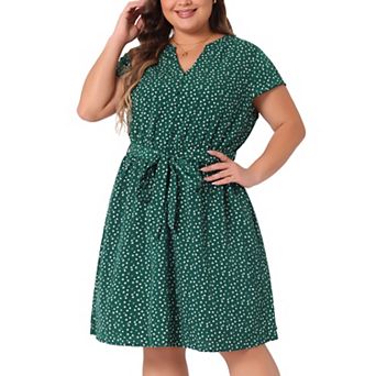Women's Plus Size Tie Waist Bold Prints Floral Short Sleeve Midi Dress