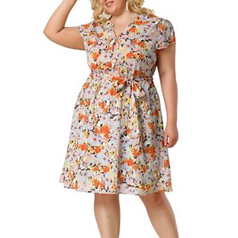 Women's Plus Size Tie Waist Bold Prints Floral Short Sleeve Midi Dress