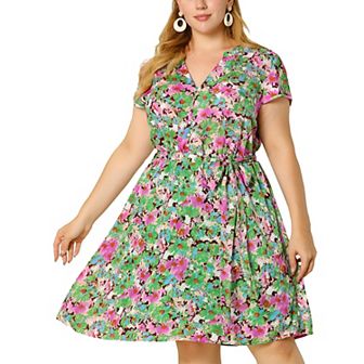 Women's Plus Size Tie Waist Bold Prints Floral Short Sleeve Midi Dress