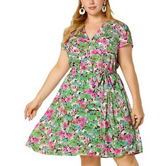 Women's Plus Size Tie Waist Bold Prints Floral Short Sleeve Midi Dress