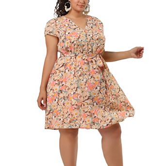 Women's Plus Size Tie Waist Bold Prints Floral Short Sleeve Midi Dress