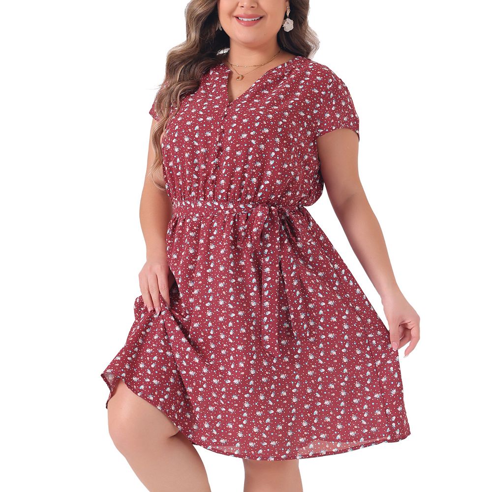 Plus Size Floral Print Tie Belt Balloon Sleeve Midi Dress