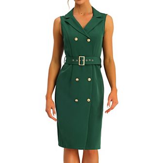 Women's Sleeveless Notched Lapel Double Breasted Belted Work Office Dress Blazer Dresses