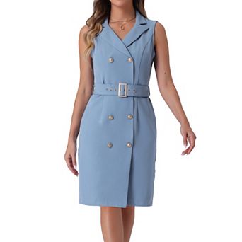 Women's Sleeveless Notched Lapel Double Breasted Belted Work Office Dress Blazer Dresses