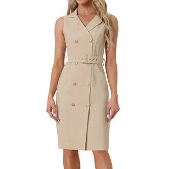 Women's Sleeveless Notched Lapel Double Breasted Belted Work Office Dress Blazer Dresses