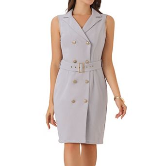 Women's Sleeveless Notched Lapel Double Breasted Belted Work Office Dress Blazer Dresses