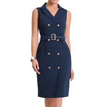 Women's Sleeveless Notched Lapel Double Breasted Belted Work Office Dress Blazer Dresses
