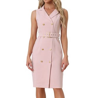 Women's Sleeveless Notched Lapel Double Breasted Belted Work Office Dress Blazer Dresses