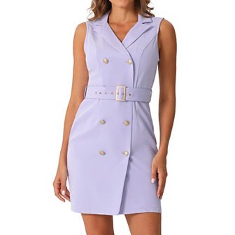 Women's Sleeveless Notched Lapel Double Breasted Belted Work Office Dress Blazer Dresses