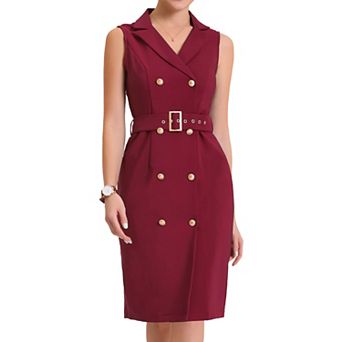 Women's Sleeveless Notched Lapel Double Breasted Belted Work Office Dress Blazer Dresses
