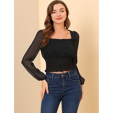 Women's Crop Top Sheer Mesh Long Sleeve Square Neck Smocked Swiss Dots Blouse