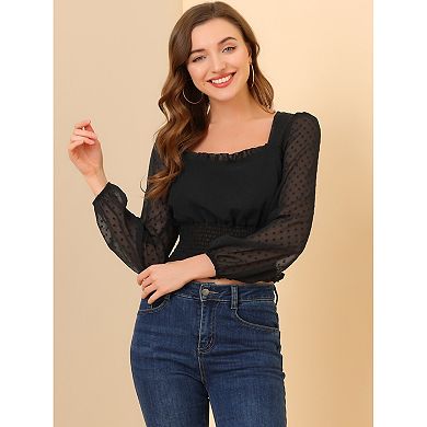 Women's Crop Top Sheer Mesh Long Sleeve Square Neck Smocked Swiss Dots Blouse