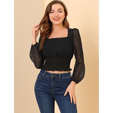 Women's Crop Top Sheer Mesh Long Sleeve Square Neck Smocked Swiss Dots Blouse
