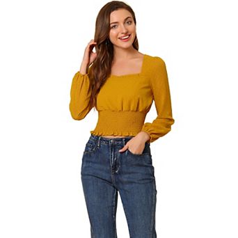 Women's Crop Top Sheer Mesh Long Sleeve Square Neck Smocked Swiss Dots Blouse