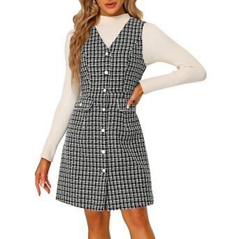 Women's Plaid Tweed V Neck Sleeveless Single Breasted Pockets Dress