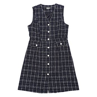 Women's Plaid Tweed V Neck Sleeveless Single Breasted Pockets Dress