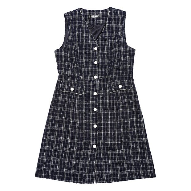 Women s Plaid Tweed V Neck Sleeveless Single Breasted Pockets Dress