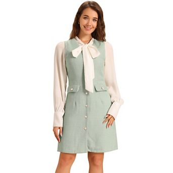 Women's Plaid Tweed V Neck Sleeveless Single Breasted Pockets Dress