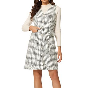 Women's Plaid Tweed V Neck Sleeveless Single Breasted Pockets Dress