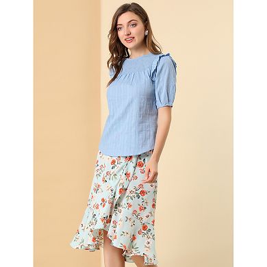 Women's Cotton Summer Ruffle Blouse Frilled Round Neck Short Sleeve Blouse Top
