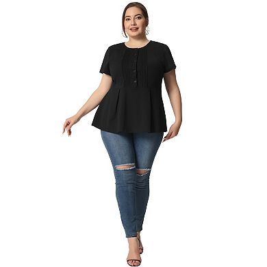Women's Plus Size Summer Tops Round Neck Button Front Short Sleeve Work Peplum Blouse T-Shirt