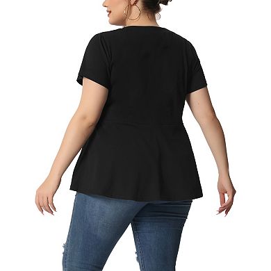 Women's Plus Size Summer Tops Round Neck Button Front Short Sleeve Work Peplum Blouse T-Shirt