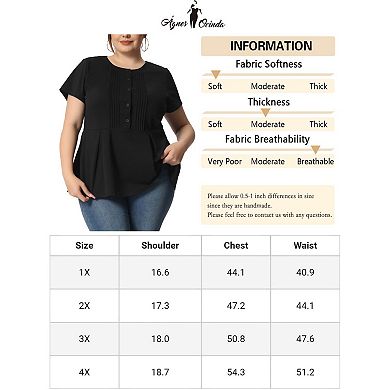 Women's Plus Size Summer Tops Round Neck Button Front Short Sleeve Work Peplum Blouse T-Shirt
